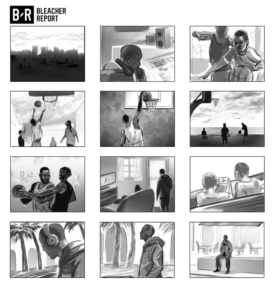 commercial shaded black and white storyboard