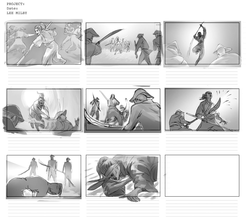 storyboard battle scene samurai