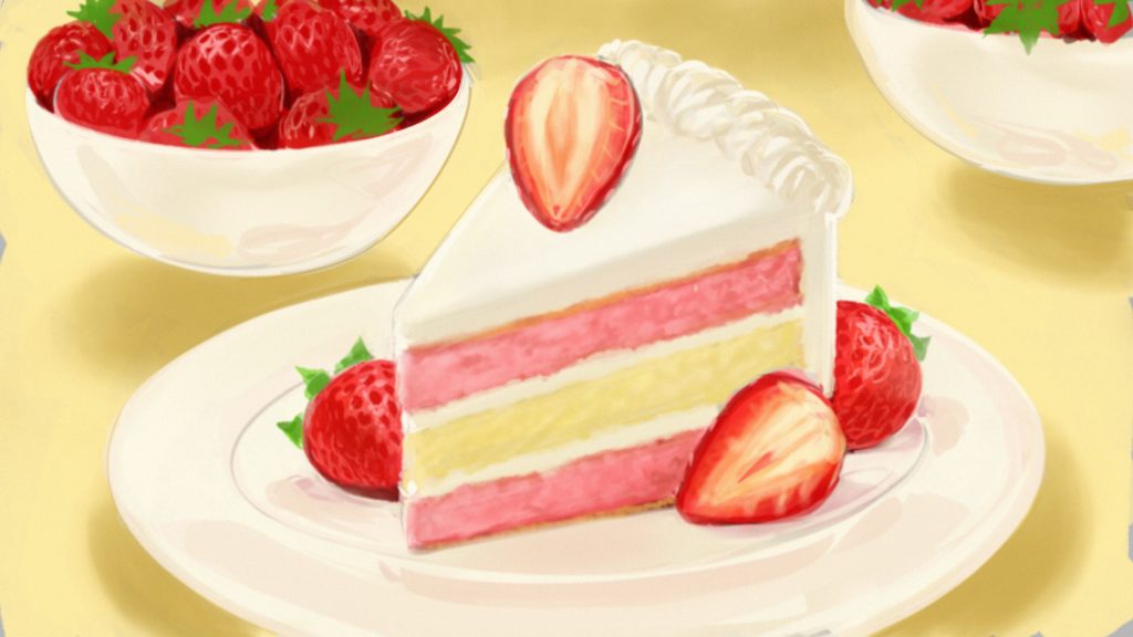 strawberry cake drawing in color with pink layers