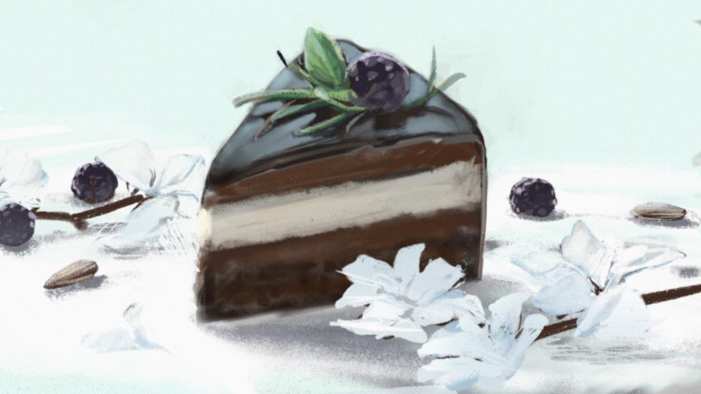 Chocolate layer cake digital drawing with white flowers, almonds, and blackberries.
